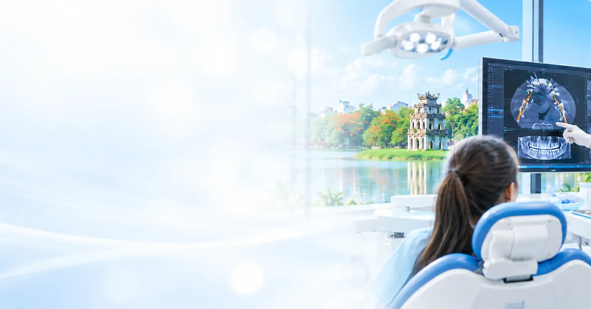A dentist at a modern treatment chair, with the Hanoi Turtle Tower in the background